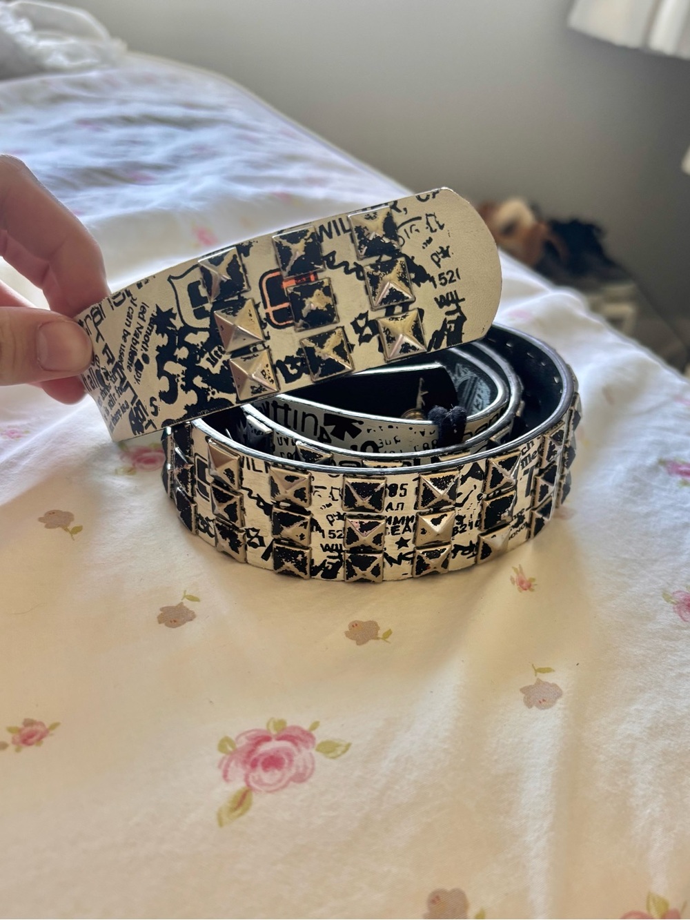Heritage Black and White Studded Graphic Leather Belt
